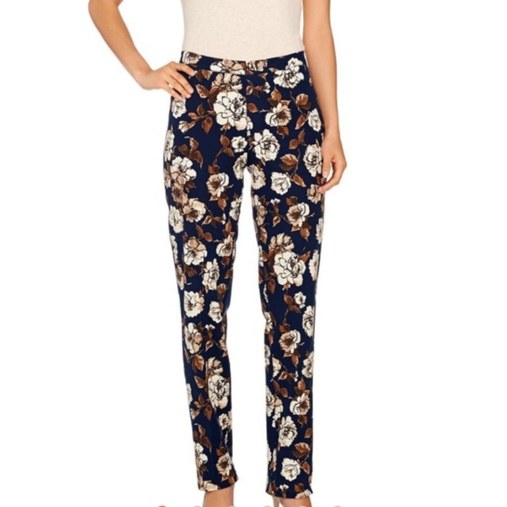 Isaac Mizrahi Live! Jeans Floral Stretch Pants Navy Boho Trendy Chic